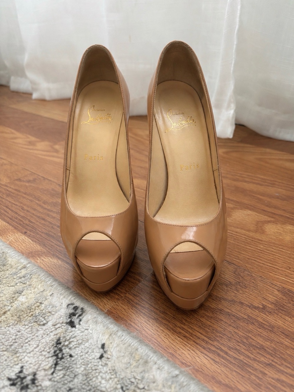 Christian Louboutin Beige Patent Peep-Toe Pumps